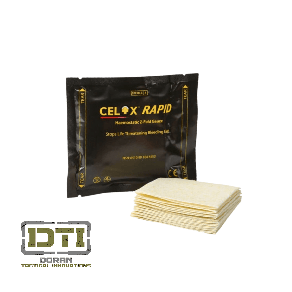 Celox Rapid Hemostatic Z-Fold Gauze pack for stopping life-threatening bleeding in trauma situations.
