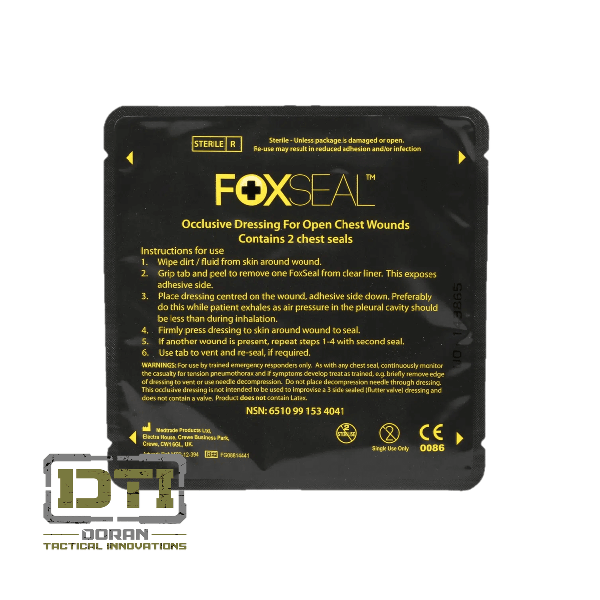 FoxSeal occlusive dressing for open chest wounds, includes two chest seals for emergency medical use.