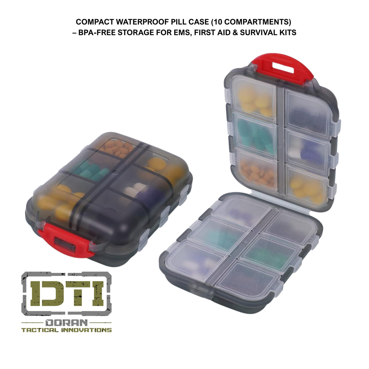 Compact Waterproof Pill Case (10 Compartments) – BPA-Free Storage for EMS, First Aid & Survival Kits