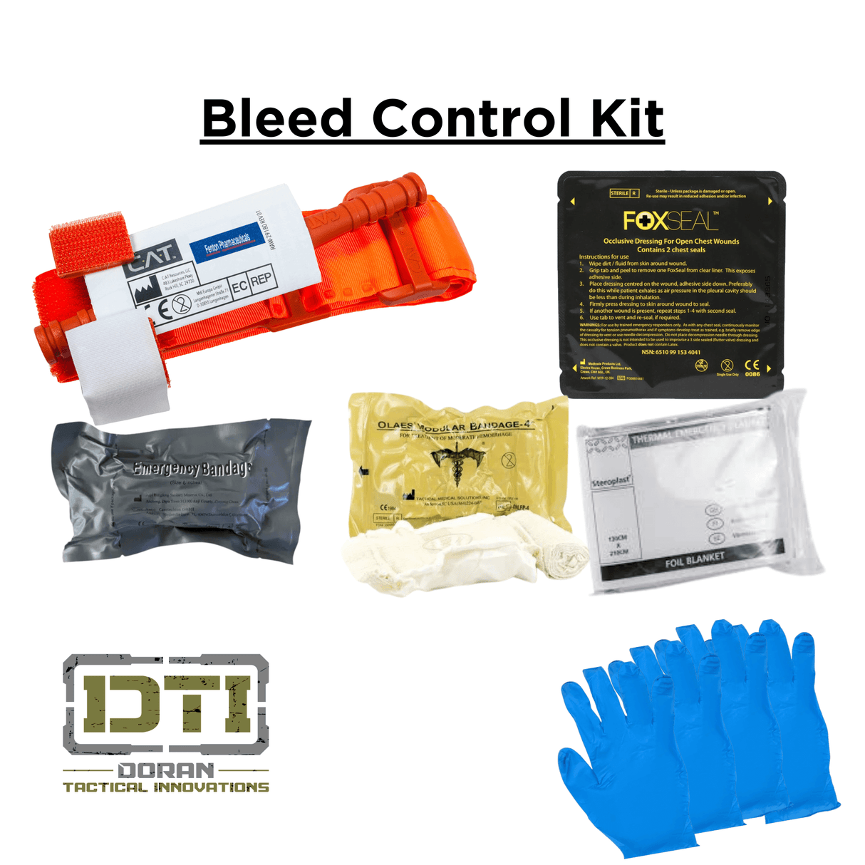 Bleed Control Kit contents including tourniquet, bandages, gloves, and foil blanket for emergency trauma response.