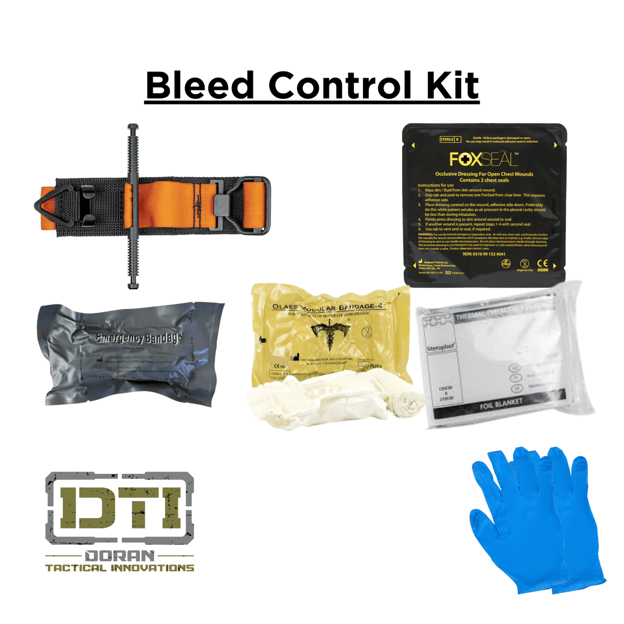 Bleed Control Kit contents including tourniquet, bandages, gloves, foil blanket, and trauma supplies.