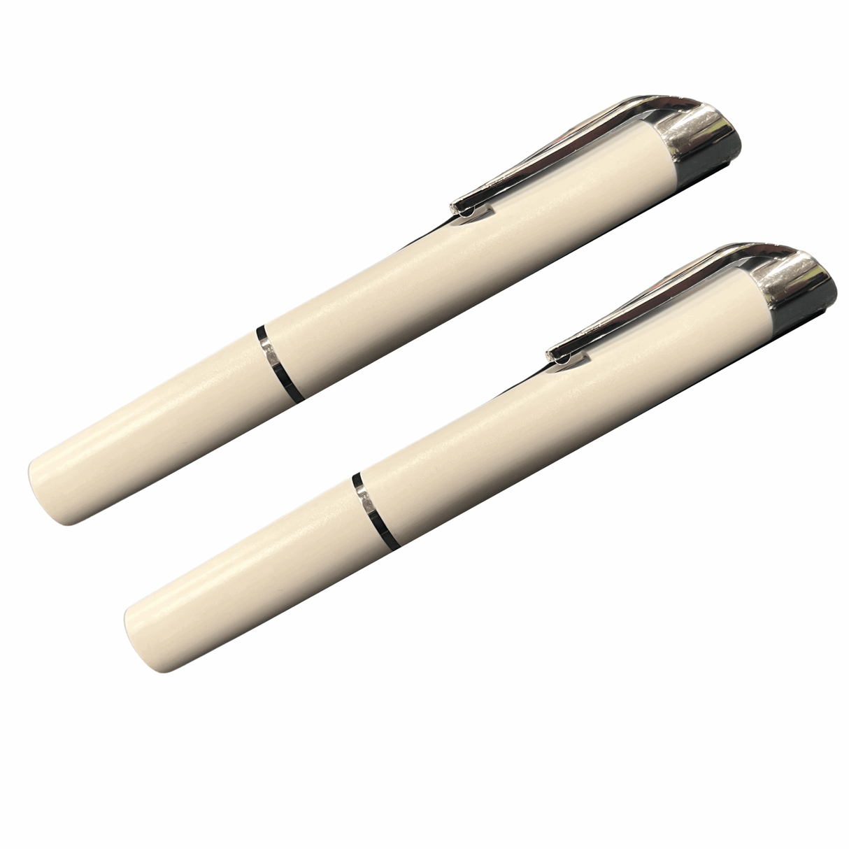 Two elegant cream-colored pens with chrome accents, perfect for professional settings.
