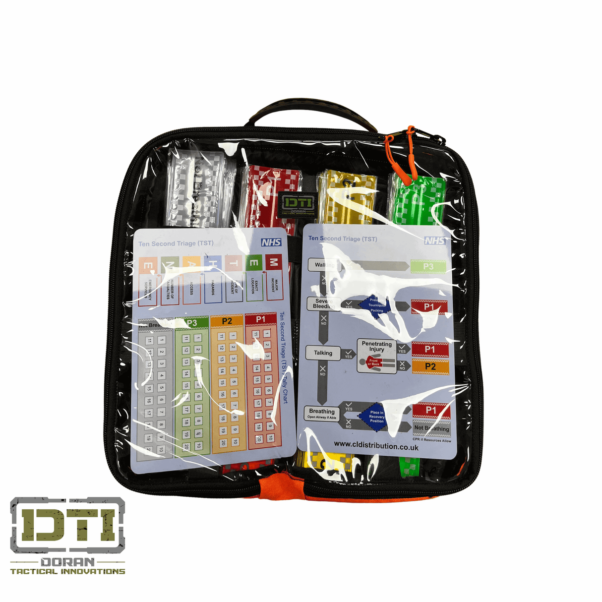 Enhanced Ten Second Triage kit containing bands, cards, and a rugged pouch for mass casualty incidents.