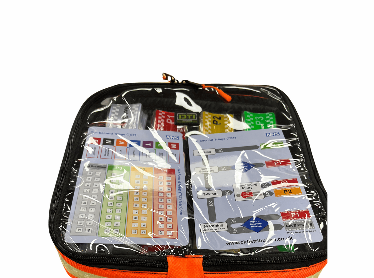 Enhanced Ten Second Triage MCI kit with bands and cards in a durable pouch, designed for emergency situations.