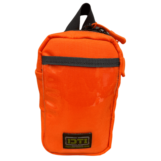 Small Drugs Pouch in bright orange, featuring elastic loops and a clear PVC window for organized healthcare access.