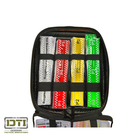 Black tactical pouch with labeled compartments on a white background