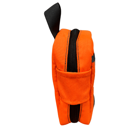 Side view of Small Drugs Pouch in bright orange, showcasing durable 1000d cordura material and zip closure.